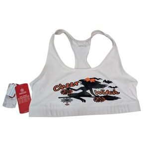BCG Women's Sports Bra White Cheer Witch Halloween Racerback Training Size L NWT